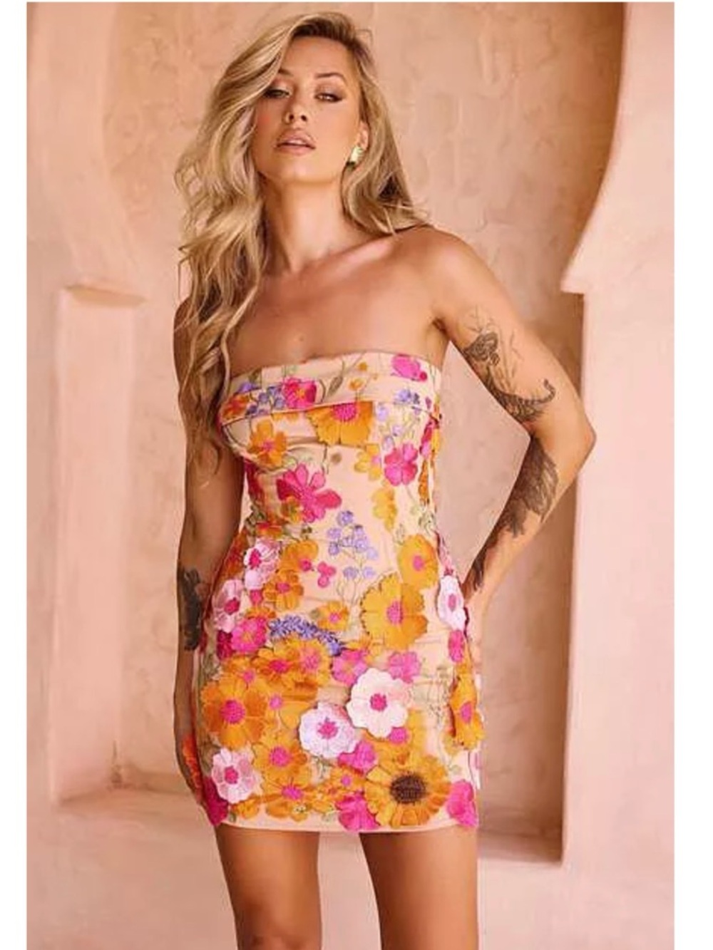 Floral Embroidered Strapless Mini Dress - Vibrant Orange & Pink Flowers
